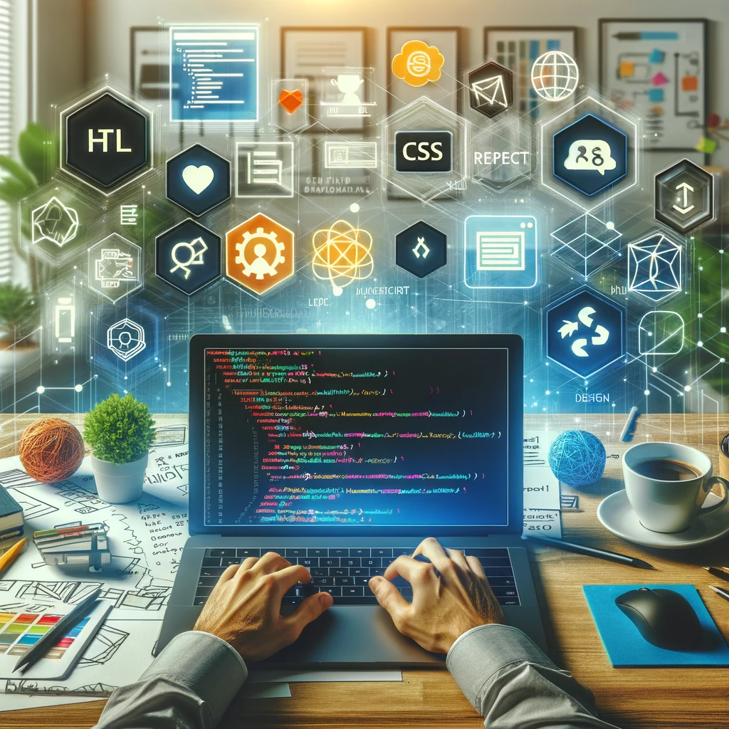 DALL·E 2024-06-23 17.32.05 – A modern web application development scene. A developer is working on a laptop with code displayed on the screen. There are various tools and framewor