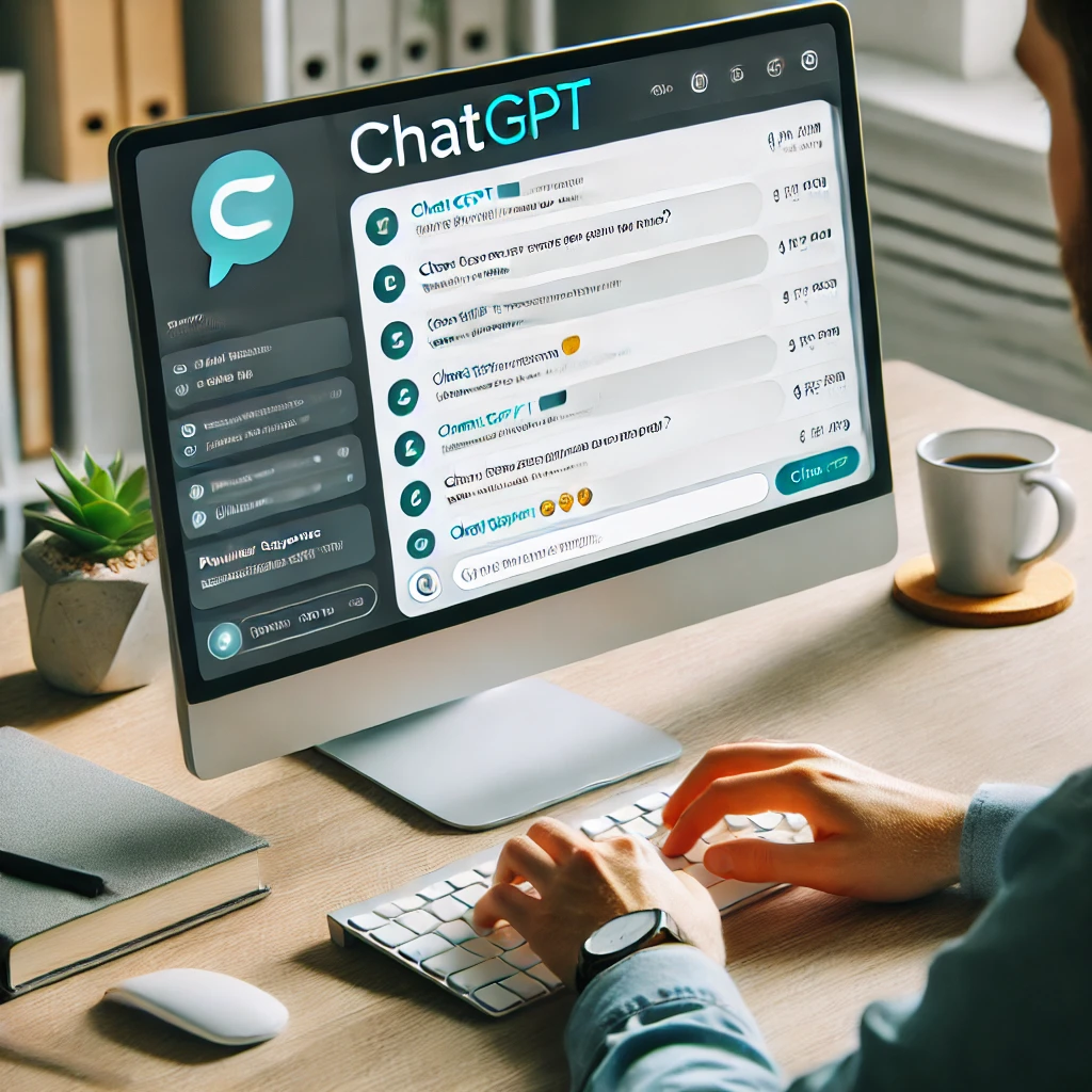 DALL·E 2024-06-23 17.40.40 – A person using ChatGPT on a computer. The screen displays a chat interface with the ChatGPT logo at the top. The user is typing a message, and previou